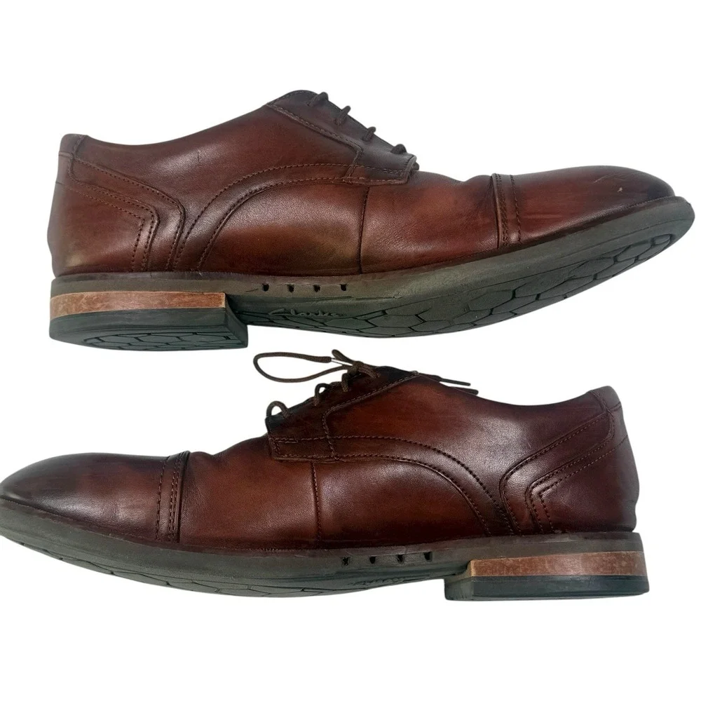 Clarks Mens 10.5W Un Hugh Cap Brown Leather Dress‎ Shoes Oxford Leather Mahgony